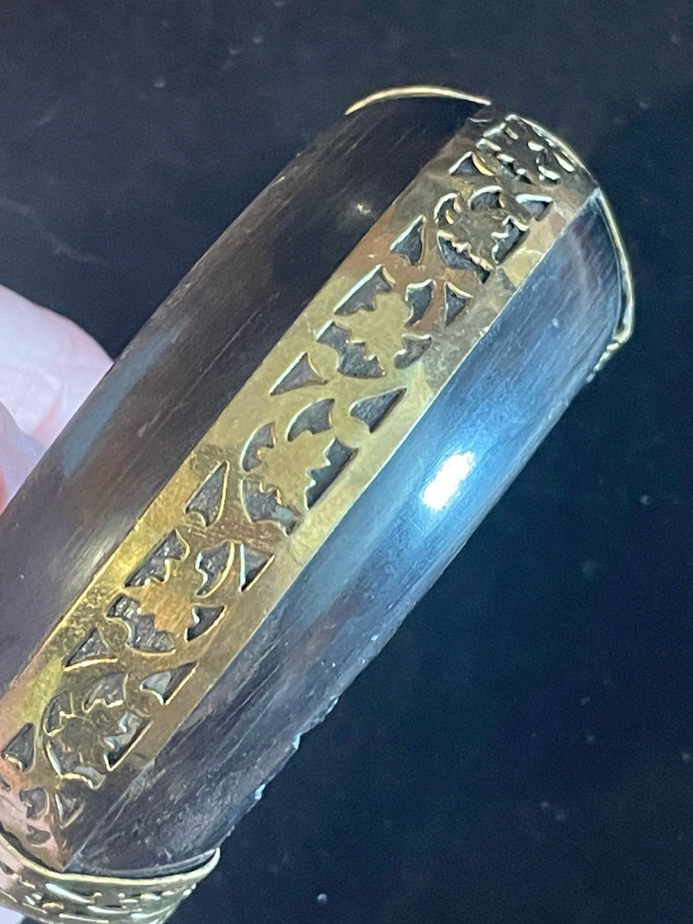 Vintage Gold Tone Black Horn Hinged Bangle Bracelet. Heavy 78 Grams. 7 Inches